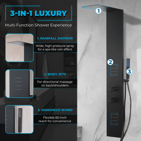 Collines Series 55 in. 2-Jetted Shower Tower in Matte Black with Heavy Rain Showerhead, Spray Wand, and DIY Friendly