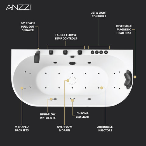 67 in. x 32 in. Flat Bottom Stone Resin Freestanding Whirlpool and Air Bathtub with Center Drain in Black and White