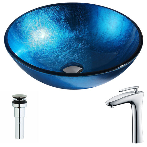 LSAZ078-022 - ANZZI Arc Series Deco-Glass Vessel Sink in Lustrous Light Blue with Crown Faucet in Chrome