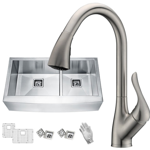 ANZZI Elysian Farmhouse 36 in. 60/40 Double Bowl Kitchen Sink with Faucet in Brushed Nickel