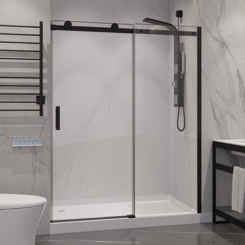 60 in. x 76 in. Frameless Sliding Shower Door with Handle in Matte Black