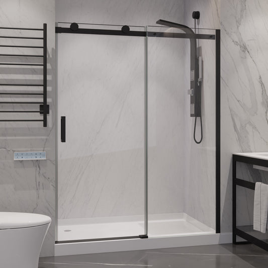 48 in. x 76 in. Frameless Sliding Shower Door with Handle in Matte Black