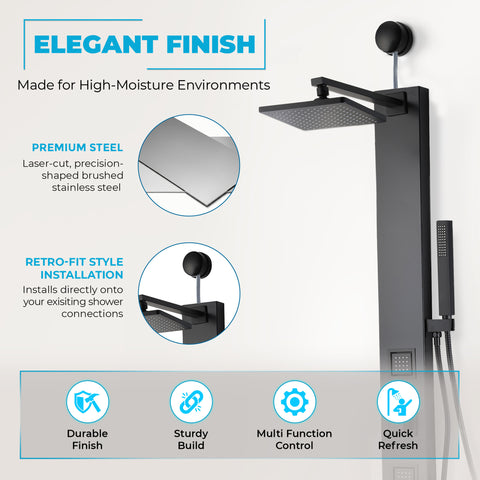 Dion Series 39 in. 2-Jetted Shower with Heavy Rain Showerhead and Spray Wand, Full Body Shower System in Matte Black