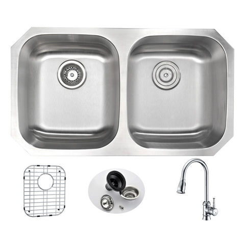 KAZ3218-044 - ANZZI MOORE Undermount 32 in. Double Bowl Kitchen Sink with Sails Faucet in Polished Chrome