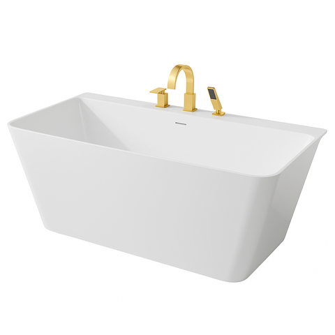 Vault Series 67 in. x 32 in. Flat Bottom Acrylic Freestanding Soaking Bathtub with Center Drain, Brushed Gold Faucet