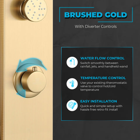 Cici Series 39 in. 2-Jetted Shower Tower with Heavy Rain Showerhead and Spray Wand, Full Body Shower System in Gold