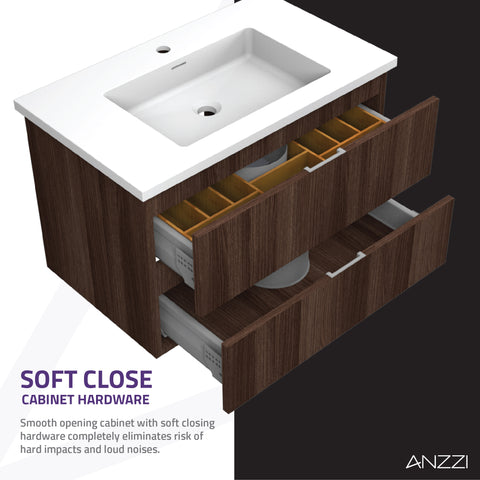 ANZZI Conques 3-Piece Vanity Set (30" W), Wall Mounted, Glossy White Stone Top, Soft-Close Drawers, LED Defogger Mirror & 55" Side Cabinet
