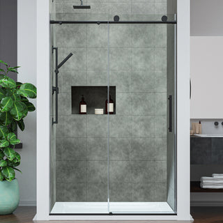Mountain 48 in Reversible Frameless Sliding Glass Shower Door with Soft-Close System - Multiple Finishes