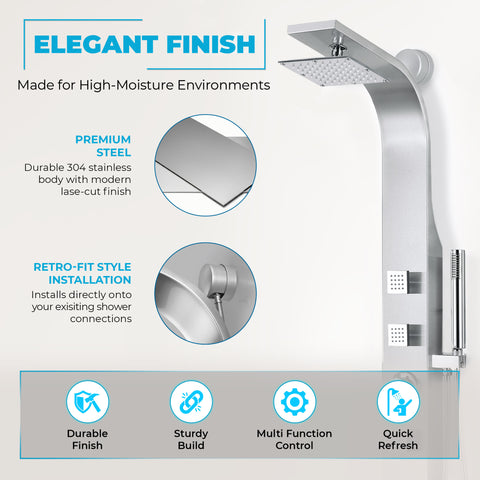 Sans Series 40 in. 3-Jetted Full Body Shower Panel Tower in Brushed Steel with Heavy Rain Showerhead and Spray Wand