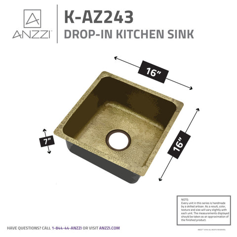 ANZZI Endeavor Drop-in Handmade Copper 16 in. 0-Hole Single Bowl Kitchen Sink in Hammered Antique Copper