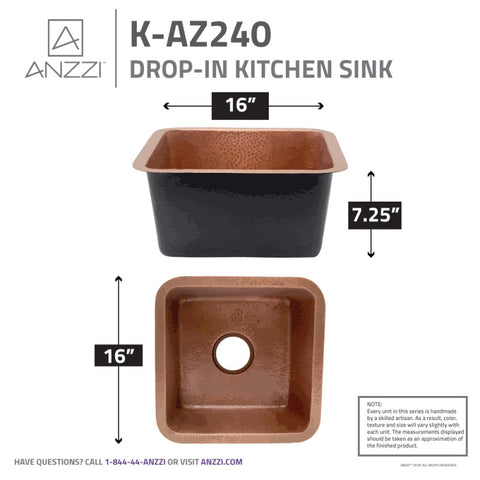 ANZZI Kovie Drop-in Handmade Copper 16 in. 0-Hole Single Bowl Kitchen Sink in Hammered Antique Copper