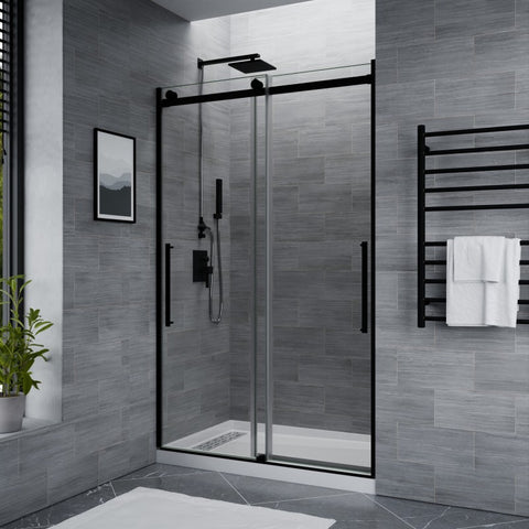 SD-FRLS05902MB - ANZZI Stellar Series 2 in. x 76 in. H Sliding Frameless Shower Door in Matte Black with Tsunami Guard Tempered Glass