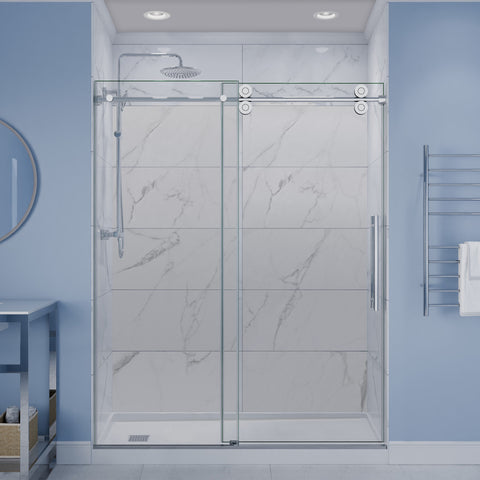 ANZZI 60" x 76" Frameless Sliding Shower Door, 3/8" TSUNAMI GUARD Glass, Exposed Rollers and RHINO ALLOY Hardware, Polished Chrome