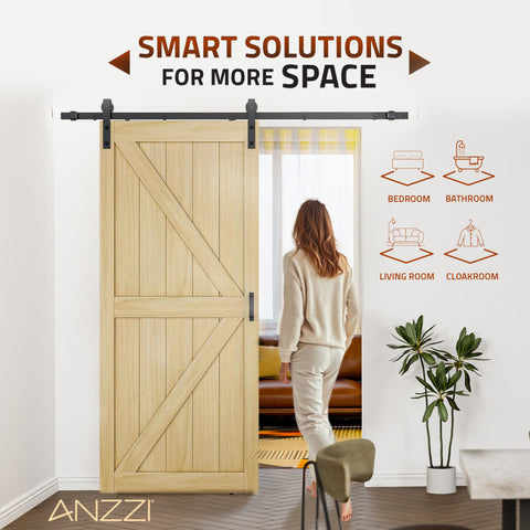 ID-AZBD01 - ANZZI ANZZI Barn Door Kit - 36x84" K Sliding Single Barn Door with Barn Doors and Hardware Included- Solid Core MDF + PVC Single Sliding Barn Door - Natural Color