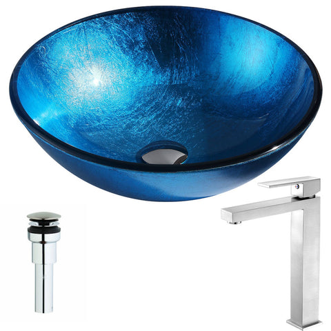 LSAZ078-096B - ANZZI Arc Series Deco-Glass Vessel Sink in Lustrous Light Blue with Enti Faucet in Brushed Nickel