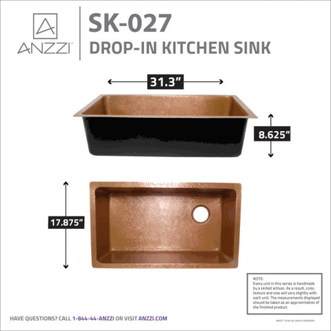 ANZZI Byzantine Drop-in Handmade Copper 31 in. 0-Hole Single Bowl Kitchen Sink in Hammered Antique Copper