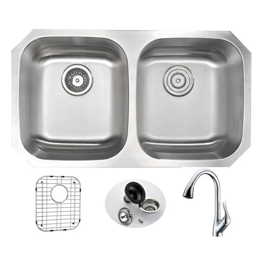 KAZ3218-031 - ANZZI MOORE Undermount 32 in. Double Bowl Kitchen Sink with Accent Faucet in Polished Chrome