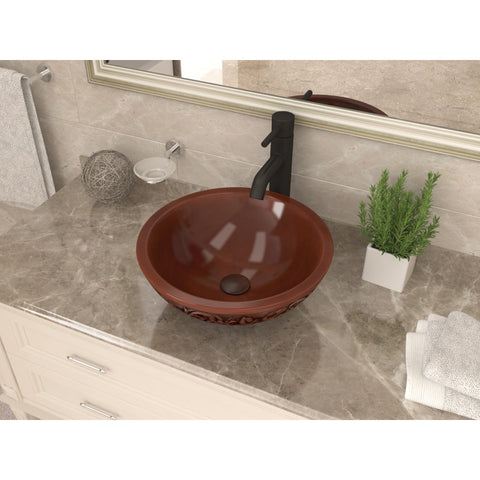 BS-011 - ANZZI Theban 16 in. Handmade Vessel Sink in Polished Antique Copper with Floral Design Exterior