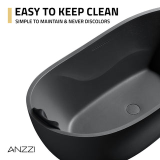 67 in. x 32 in. Freestanding Oval Stone Resin Flat-Bottom Bathtub in Black with Center Drain & Headrest