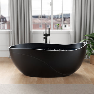 67 in. x 32 in. Freestanding Oval Stone Resin Flat-Bottom Bathtub in Black with Center Drain & Headrest