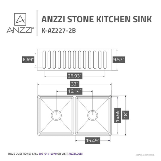 ANZZI Roine Farmhouse Reversible Apron Front Solid Surface 33 in. 50/50 Basin Kitchen Sink