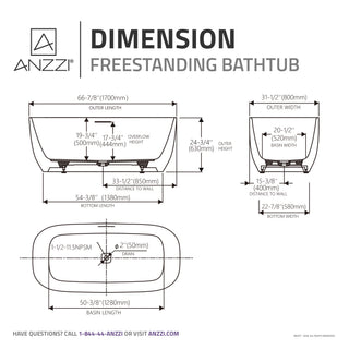 67 in. x 32 in. Rectangle Freestanding Stone Resin Deep Soaking Flat-Bottom Bathtub with Center Drain