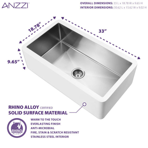 ANZZI Nepal Series Farmhouse Solid Surface 33 in. 0-Hole Single Bowl Kitchen Sink with Stainless Steel Interior