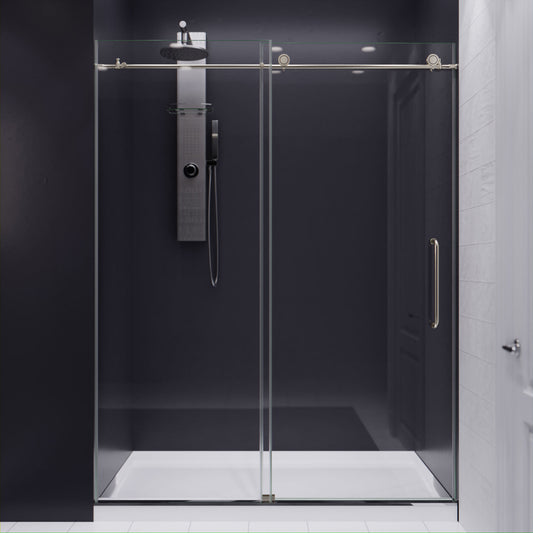 60 in. by 76 in. Frameless Sliding Shower Door in Brushed Nickel with Handle