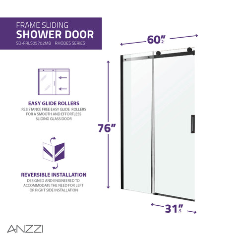 ANZZI Rhodes Series 60 in. x 76 in. Frameless Sliding Shower Door with Handle