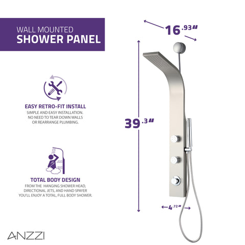 Cici Series 39 in. 2-Jetted Shower Tower with Heavy Rain Shower and Body Jets and Spray Wand in Brushed Nickel