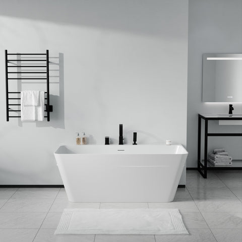 Vault Series 59 in. x 30 in. Flat Bottom Acrylic Freestanding Soaking Bathtub with Center Drain, Matte Black Faucet