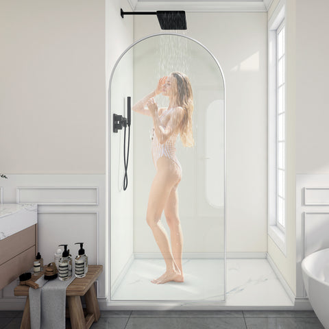 Ember Series 78 in. x 34 in. Framed Arch Fixed Shower Screen Door in Brushed Nickel with 8mm Tempered Clear Glass