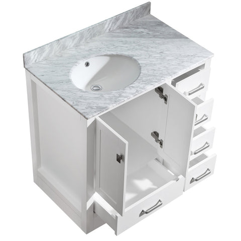 ANZZI Chateau 36 in. W x 35 in. H Bath Vanity in Rich White with Carrara White Marble Vanity Top in Carrara White with White Basin
