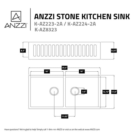 ANZZI Roine Farmhouse Reversible Glossy Solid Surface 35 in. Double Basin Kitchen Sink