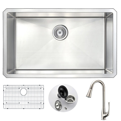 KAZ3018-042 - ANZZI VANGUARD Undermount 30 in. Single Bowl Kitchen Sink with Singer Faucet in Brushed Nickel