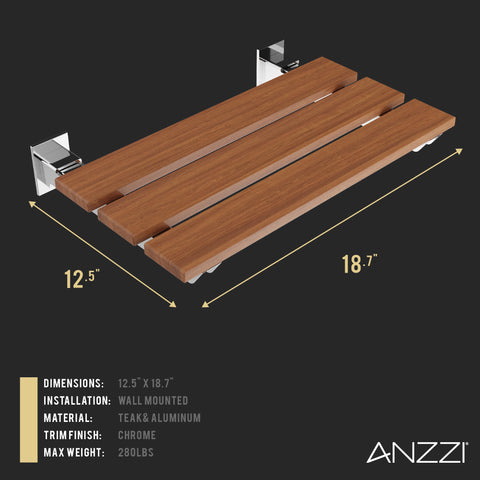 ANZZI Bohemian Folding Teak Shower Seat (18.7" x 12.6"), 280 lbs Weight Capacity, Natural Teak Wood, ADA Compliant, Space-Saving Wall Mount