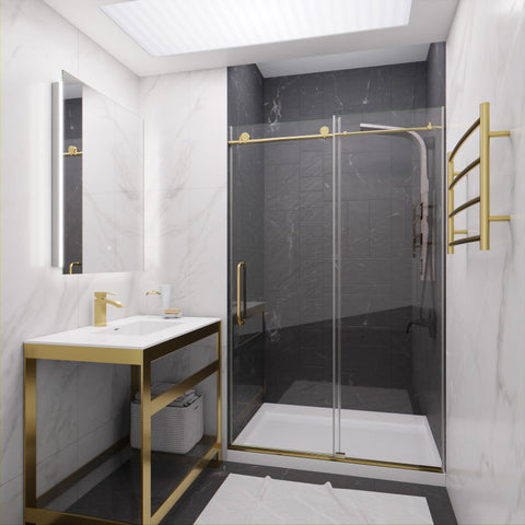 SD-AZ8077-01BG - ANZZI Leon Series 48 in. by 76 in. Frameless Sliding Shower Door in Brushed Gold with Handle