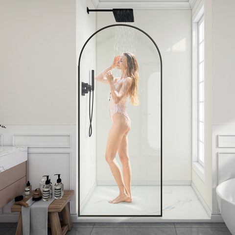 Ember Series 78 in. x 34 in. Framed Arch Fixed Shower Screen Door in Matte Black with 8mm Tempered Clear Glass