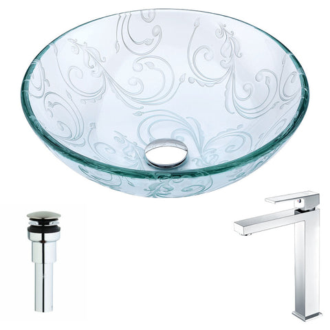 LSAZ065-096 - ANZZI Vieno Series Deco-Glass Vessel Sink in Crystal Clear Floral with Enti Faucet in Chrome