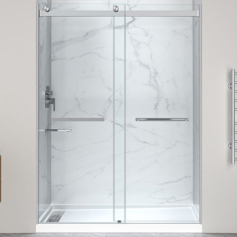 Kahn Series 60 in. x 30 in. Alcove Shower Base and Frameless Sliding Shower Door Combo with Tsunami Guard