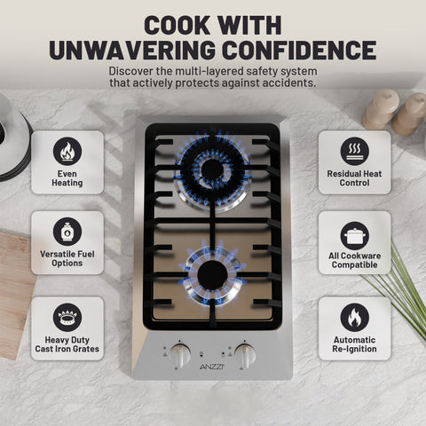 12 in. 2-Burner Recessed Gas Cooktop in Stainless Steel with Power Burners 5800-15000 BTU/h and NG/LP Convertible
