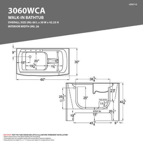 30 in. x 60 in. Left Drain Wheelchair Access Walk-In Whirlpool and Air Tub with Powered Fast Drain in White