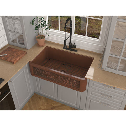 SK-005 - ANZZI Mytilene Farmhouse Handmade Copper 36 in. 0-Hole Single Bowl Kitchen Sink with Floral Design Panel in Polished Antique Copper
