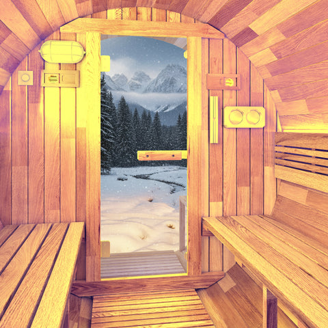 4-6 Person Outdoor Barrel Sauna in Cedar with ETL-Certified 6.2kW Rock Heater, Panoramic View, and Non-Curved Design