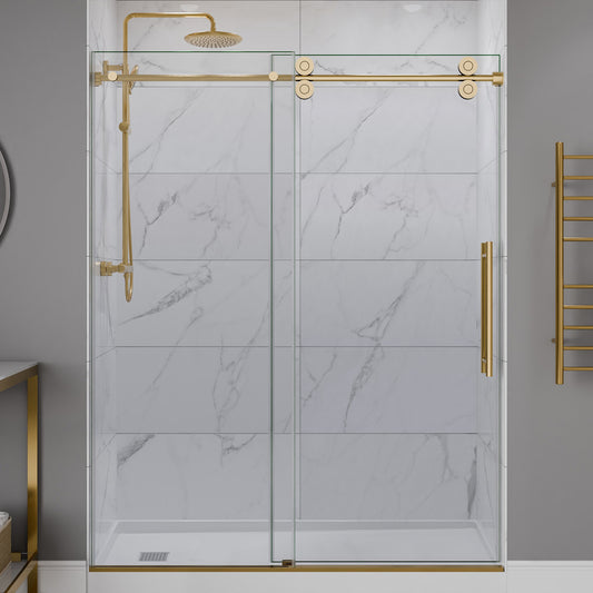 ANZZI 60" x 76" Frameless Sliding Shower Door, 3/8" TSUNAMI GUARD Glass, Exposed Rollers and RHINO ALLOY Hardware, Brushed Gold