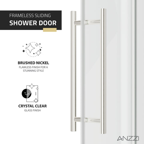 ANZZI 60" x 76" Frameless Sliding Shower Door, 3/8" TSUNAMI GUARD Glass, Exposed Rollers and RHINO ALLOY Hardware, Brushed Nickel
