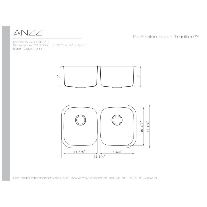 ANZZI Moore Undermount Stainless Steel 32 in. 0-Hole 50/50 Double Bowl  Kitchen Sink in Brushed Satin