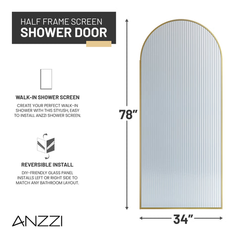 Ember Series 78 in. x 34 in. Framed Arch Fixed Shower Screen Door in Brushed Gold with 8mm Tempered Fluted Glass