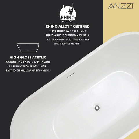 Chand Series 59 in. x 30 in. Flat Bottom Acrylic Freestanding Soaking Bathtub with Center Drain in Glossy White