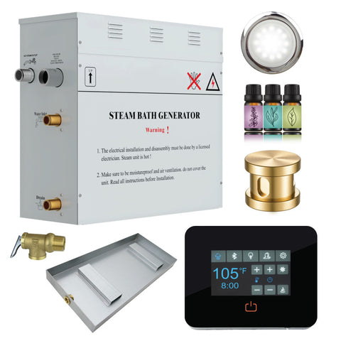 CON450GD - SaunaSpa Contractors Series 4.5kW Steam Bath Generator with Quickstart Continuous Steam, Black Digital Touch Pad, Built-in Auto-drain, Drain Pan, White LED light, and Aroma Steamhead in Gold Finish